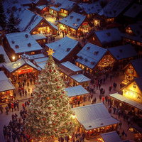 雪のクリスマスマーケット風の大きなクリスマスツリーを囲む人達の写真