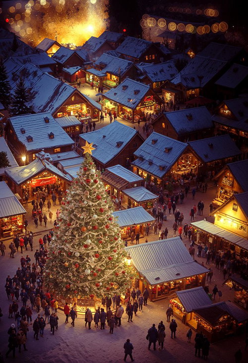 雪のクリスマスマーケット風の大きなクリスマスツリーを囲む人達