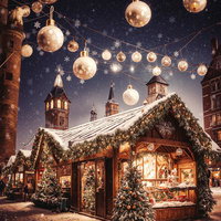 クリスマスマーケット風の夜の設営風景、メタリックなボールと屋台の装飾の写真