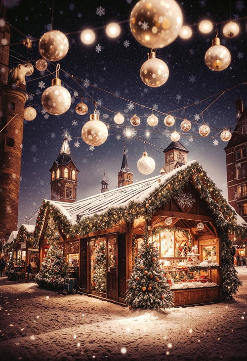 クリスマスマーケット風の夜の設営風景、メタリックなボールと屋台の装飾