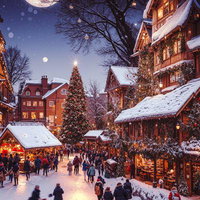 ライトアップされたクリスマスツリーを飾る雪国の洋館の写真