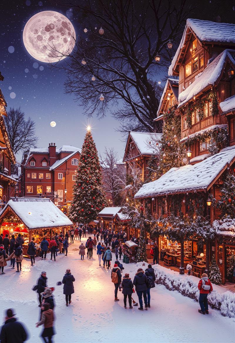 雪降る夜のクリスマスマーケットで満月が輝く洋館のクリスマスツリー