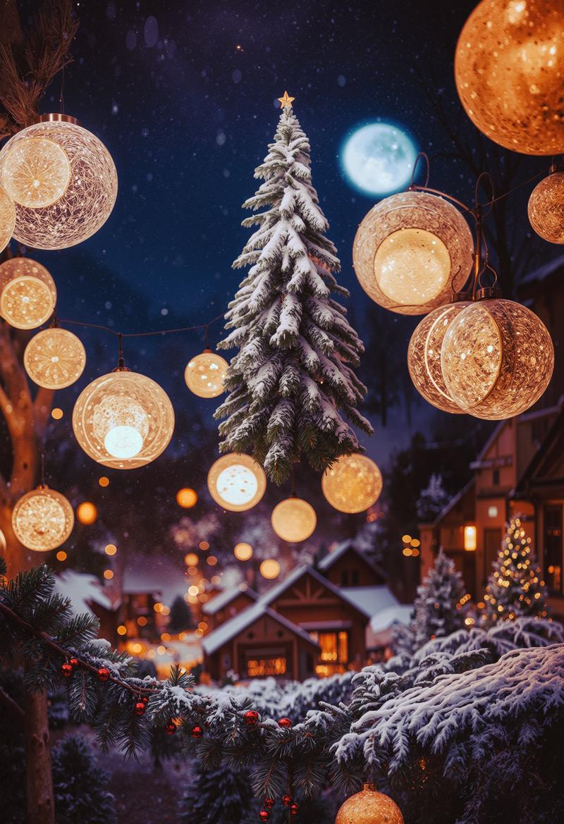 雪をかぶったクリスマスツリーと球形ランタンの夜景