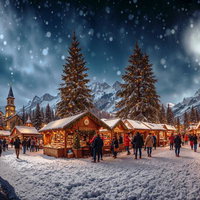 雪が舞い散る夜のクリスマスマーケット、イルミネーションと屋台の写真