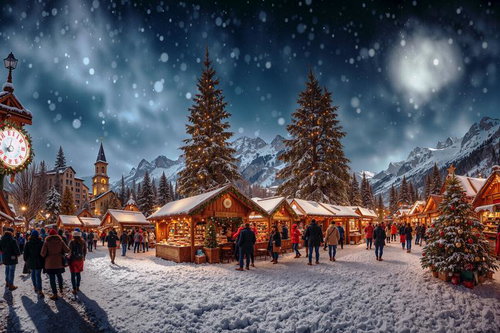 雪が舞い散る夜のクリスマスマーケット、イルミネーションと屋台