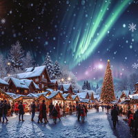 緑色のオーロラが彩るクリスマスムードの街並みの写真