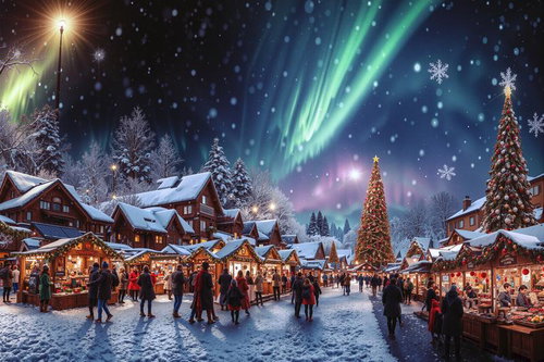 緑色のオーロラが彩るクリスマスムードの街並み
