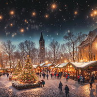 雪降る夜のクリスマスマーケット、キラキラ光るツリーを囲むイベントの写真