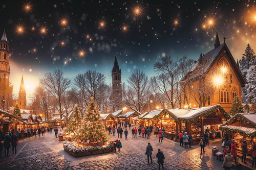 雪降る夜のクリスマスマーケット、キラキラ光るツリーを囲むイベント