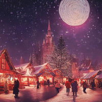 雪が降る満月の夜のクリスマスイベント風景の写真