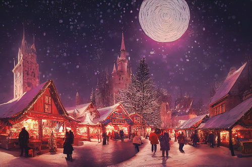 雪が降る満月の夜のクリスマスイベント風景