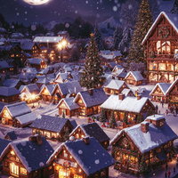 雪深い明かりが灯る集落のクリスマスの夜の写真