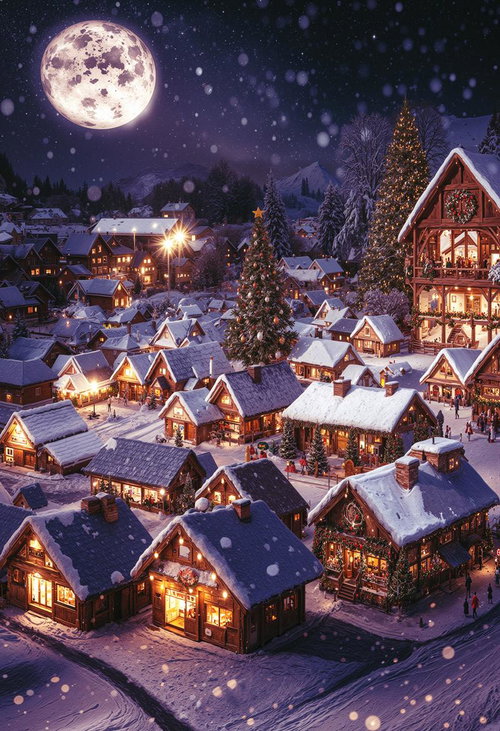 雪深い明かりが灯る集落のクリスマスの夜