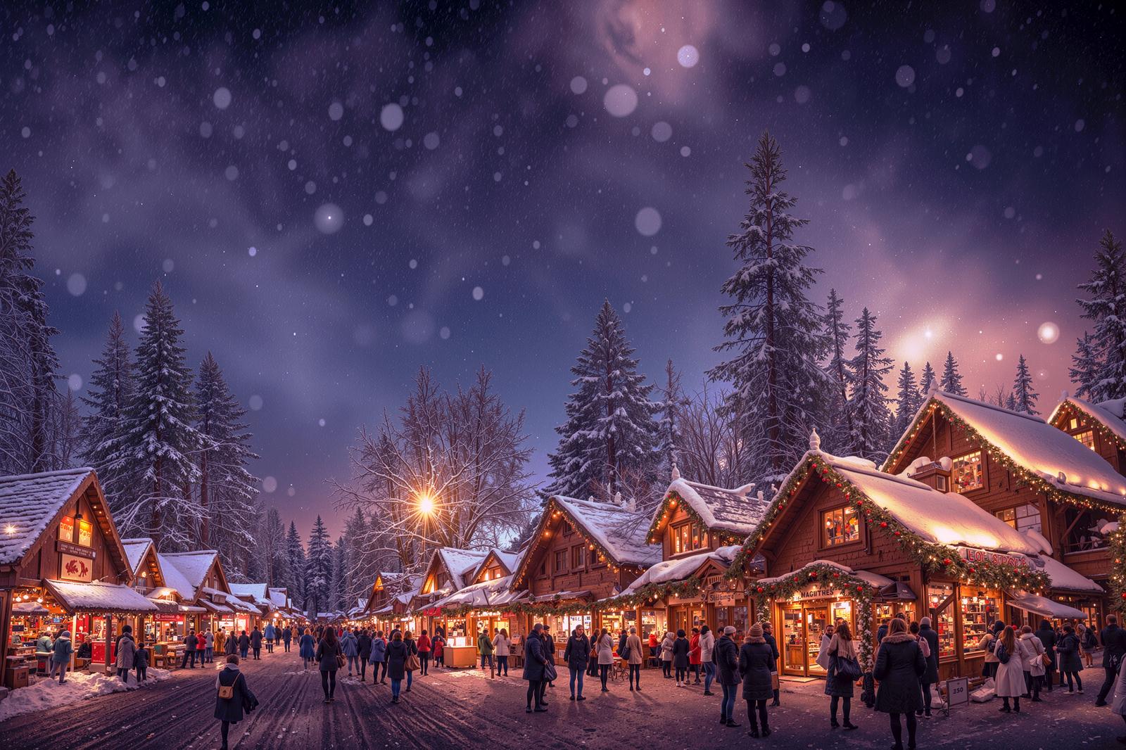 雪が舞い散る中、暖かい光に照らされたクリスマスマーケットの屋台が並ぶ夜景