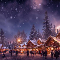 クリスマスショップのイルミネーションと舞い散る雪の写真