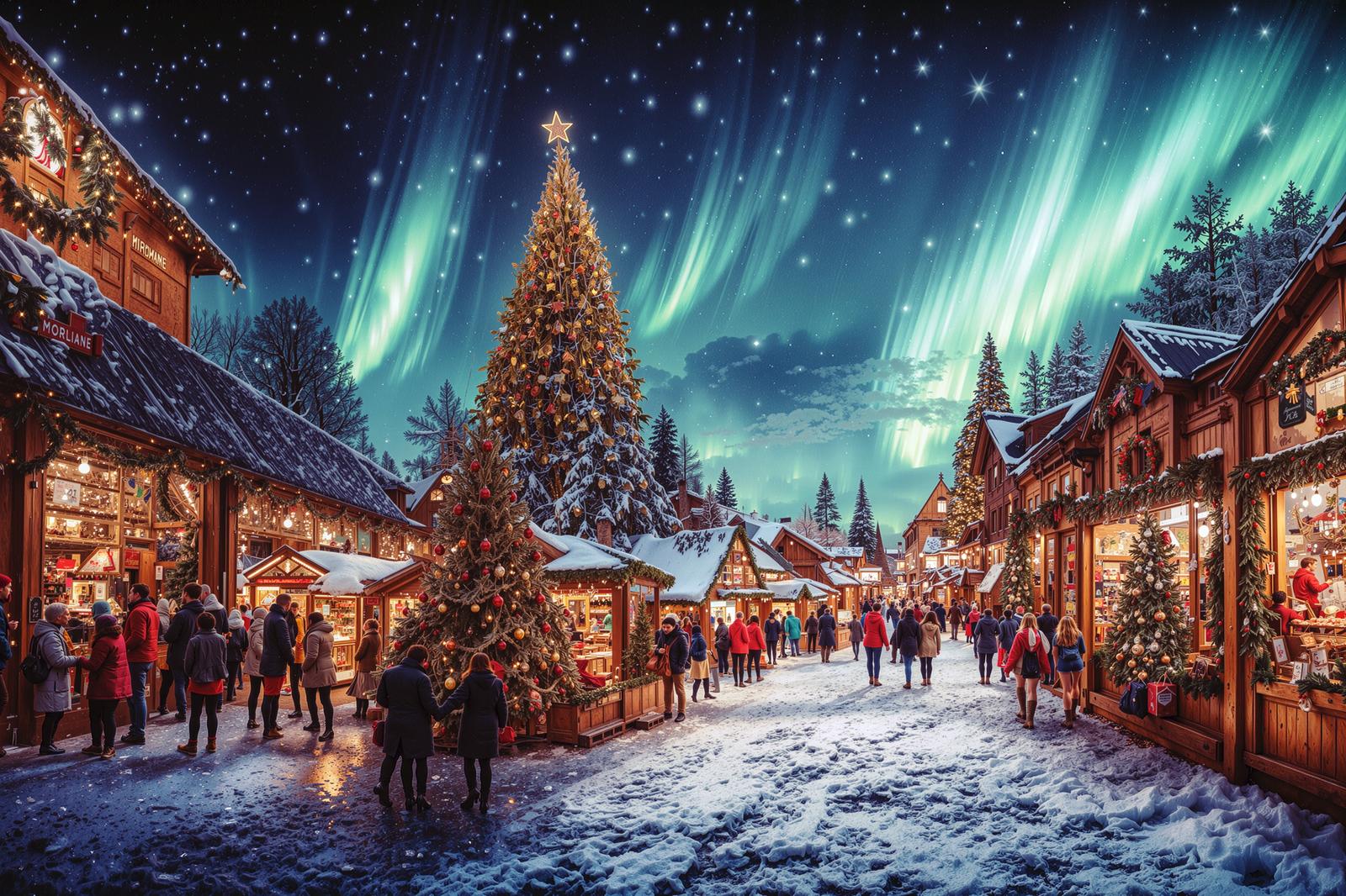 オーロラが広がる夜のクリスマスマーケット