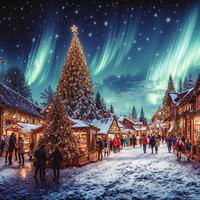 オーロラが広がる雪のクリスマスマーケットの賑わいの写真