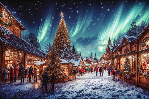 オーロラが広がる雪のクリスマスマーケットの賑わい