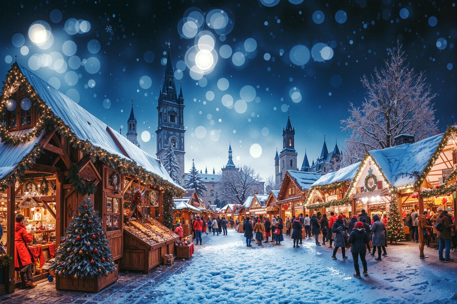 雪の降るヨーロッパ風クリスマス市場で木造屋台と大聖堂が並ぶ夜景