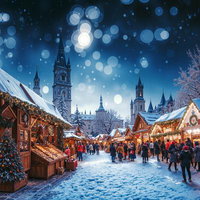 欧州風クリスマス市場の雪景色と夜の賑わいの写真