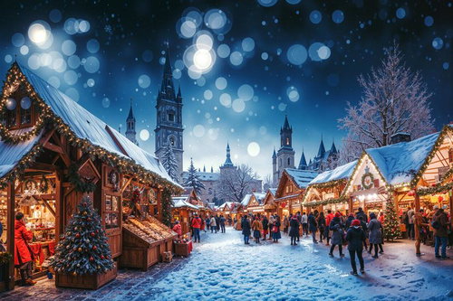 欧州風クリスマス市場の雪景色と夜の賑わい