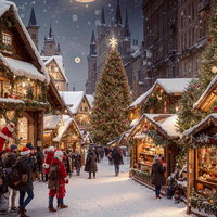 満月が照らすクリスマスツリーの雪の街並みの冬の夜景の写真