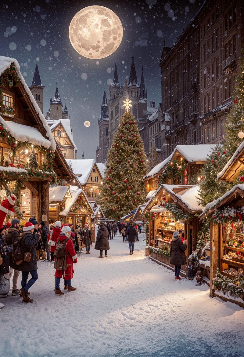 満月の夜に雪が降るクリスマスマーケットの街並み