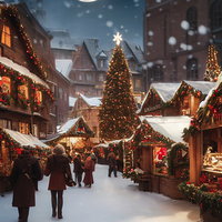 満月の夜に雪が降るクリスマスオーナメントショップの写真