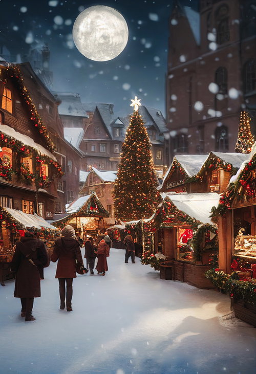 満月の夜に雪が降るクリスマスオーナメントショップ