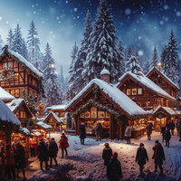 屋根に雪が積もるクリスマスマーケット風の街並みの写真