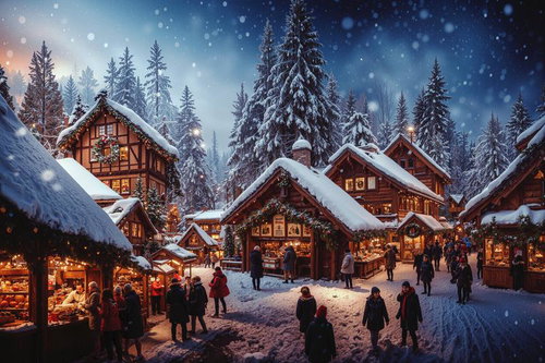 屋根に雪が積もるクリスマスマーケット風の街並み