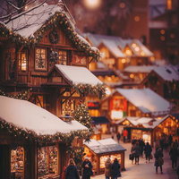 クリスマスマーケット風の街並みを覗く観光客の夜景の写真