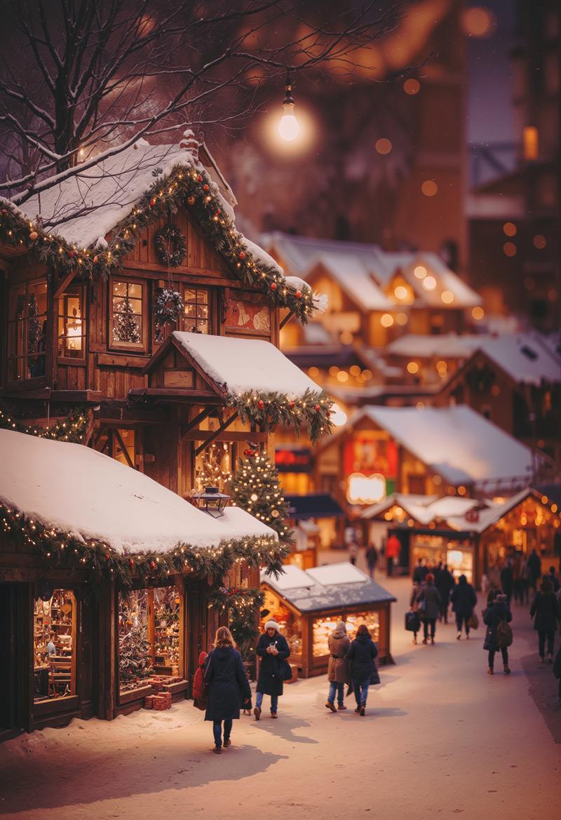 雪の積もったクリスマスマーケット風の街並みで観光客が歩いている夜景