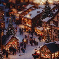 雪国の街を彩るクリスマスイルミネーションと屋台の夜景の写真