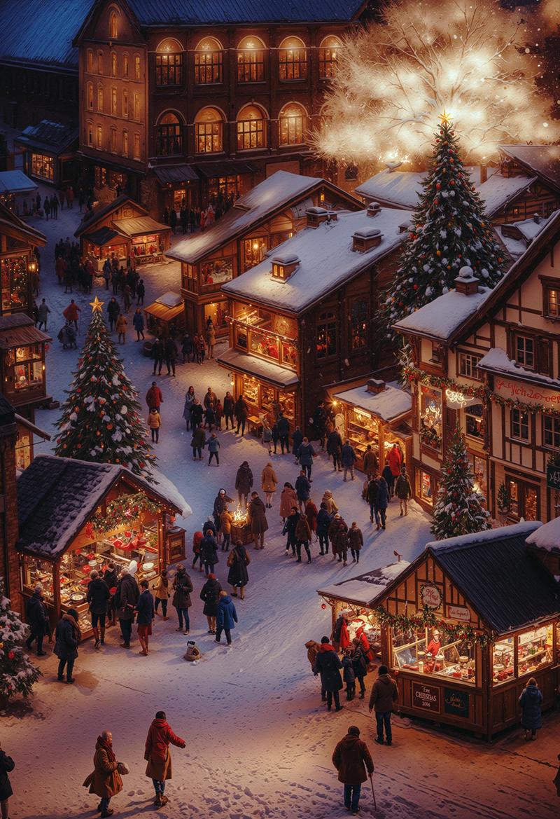 雪の積もった街にクリスマスマーケットの屋台が並び人々が歩く夜景