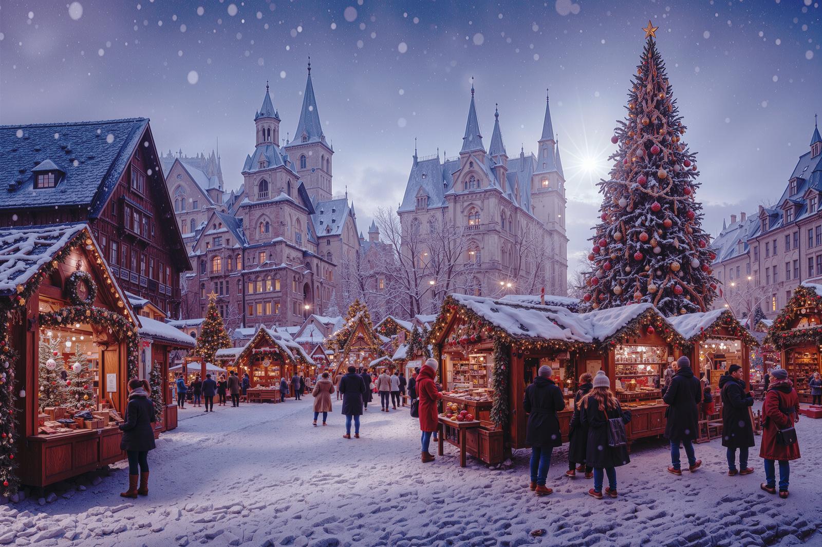 雪が降る夜のヨーロッパ風クリスマスマーケット、屋台とクリスマスツリー