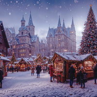 雪降る夜のヨーロッパ風クリスマスマーケットの風景の写真