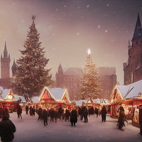 雪が降るクリスマスマーケット風の夜の街並みの写真