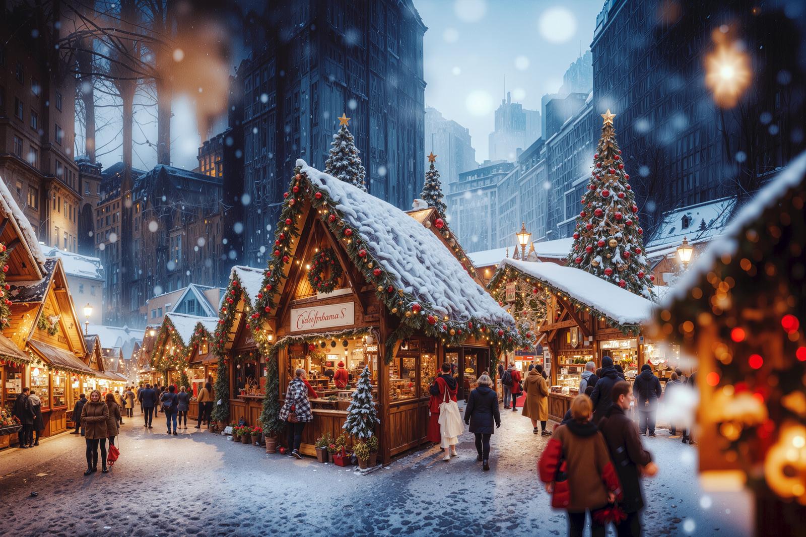 雪が降る夜のクリスマスマーケットで温かい光に照らされた木造ショップ