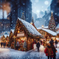 雪が舞うクリスマスマーケットの飾られたショップと屋台の写真