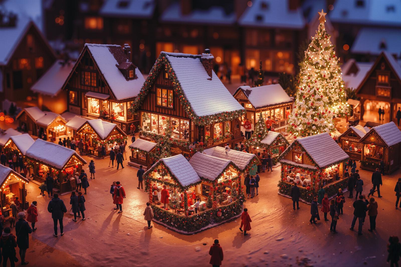 雪景色の中に光るクリスマスツリーと木造ショップが並ぶマーケット