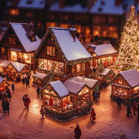 ライトアップされたクリスマスツリーと雪景色のクリスマスショップ街の写真