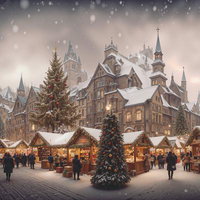 雪が舞うクリスマスイブの街灯りと装飾、夜景の写真