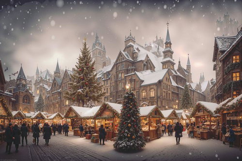 雪が舞うクリスマスイブの街灯りと装飾、夜景