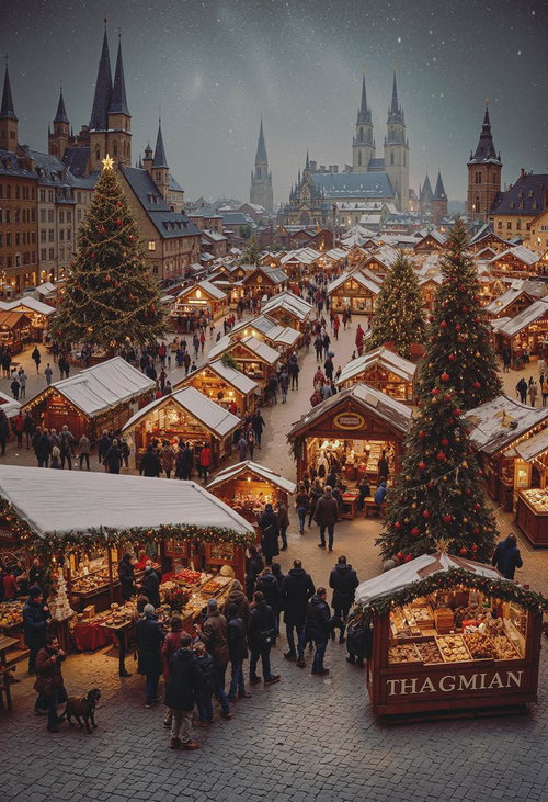 雪が降る夜のクリスマスマーケット：温かい光のイルミネーション