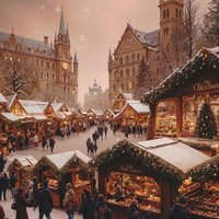 どこまでも続くクリスマスショップの雪景色の写真