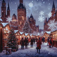 雪が舞うクリスマスマーケットの夜景と人込みの写真