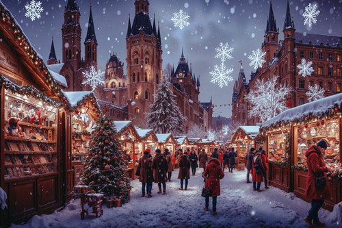 雪が舞うクリスマスマーケットの夜景と人込み