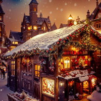 雪が降る夜のクリスマスデコレーションショップと街並みの写真