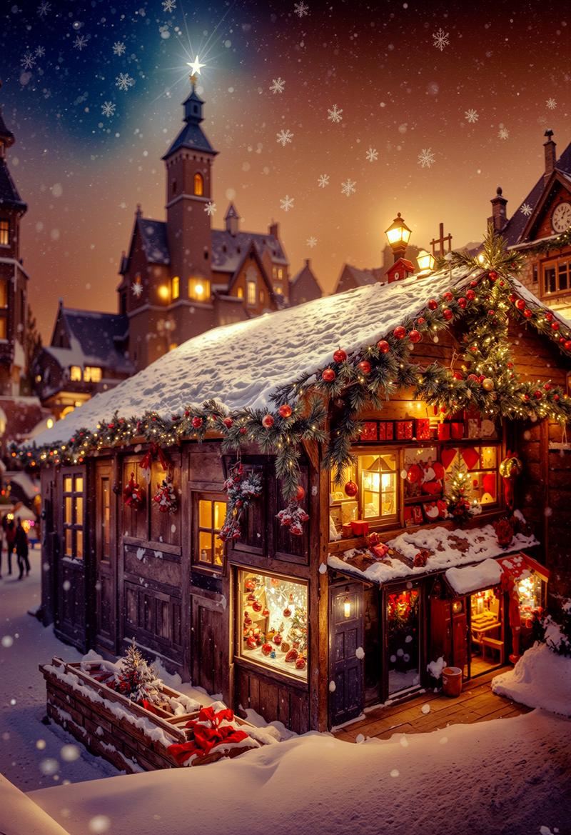雪が降る夜のクリスマス風の街並み、暖かい光が灯る建物とツリー